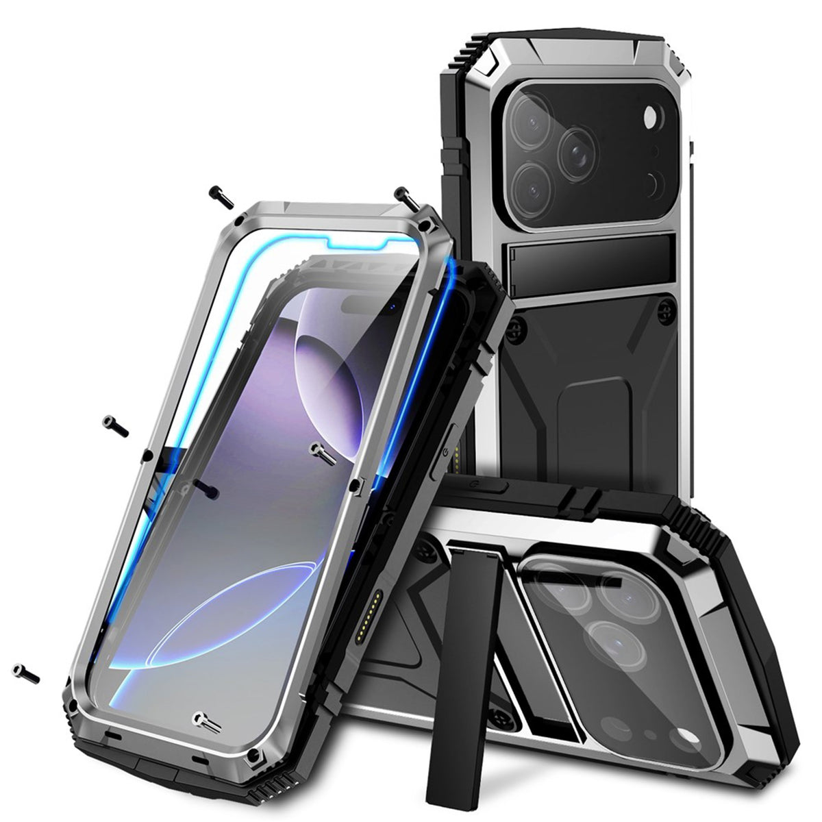 iPhone 18 Pro Max / 17 Pro Max R-JUST Hybrid Robust Deksel m. Innebygd Skjermbeskyttelse & Kickstand - Sølv