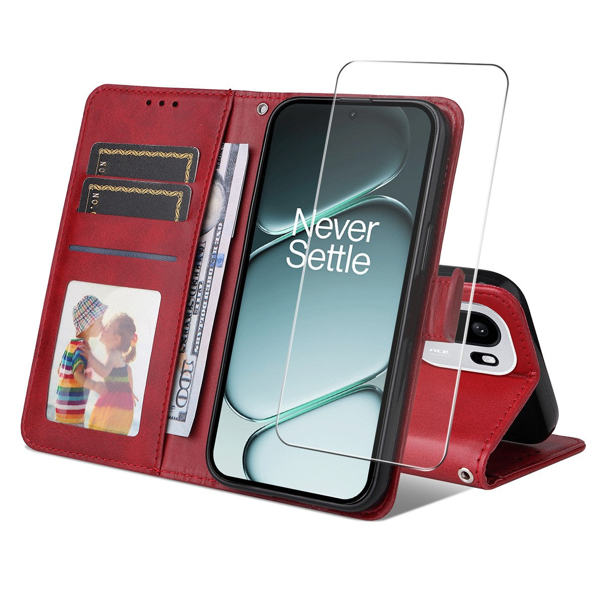 OnePlus 15R ENKAY 2-i-1 Kunstskinn Flip Deksel m. Skjermbeskyttelsesglass - Rød