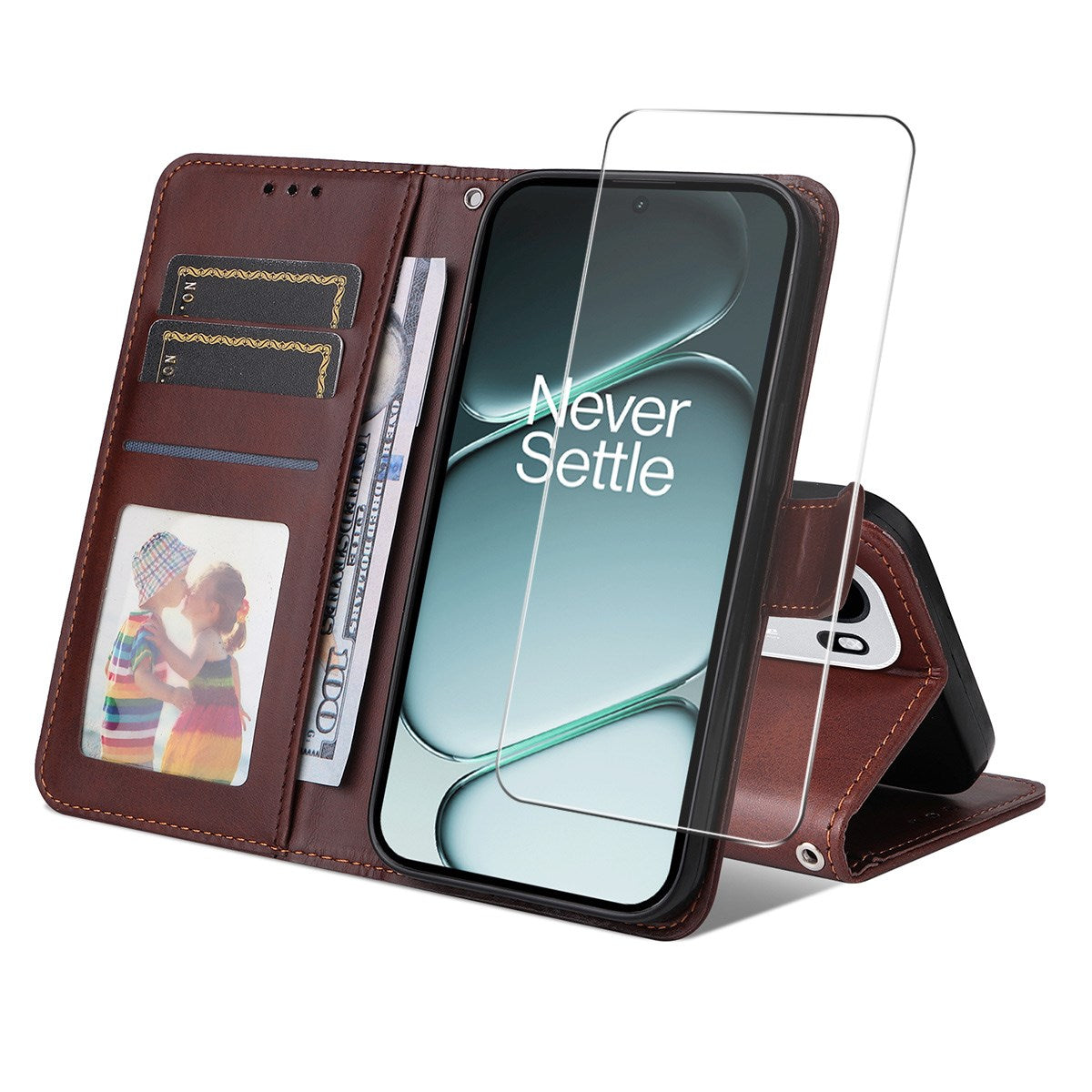 OnePlus 15R ENKAY 2-i-1 Kunstskinn Flip Deksel m. Skjermbeskyttelsesglass - Brun