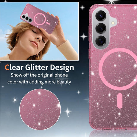 Samsung Galaxy S26+ (Plus) EIDERWOOD Magnetisk Plast Glitter Deksel m. Skjermbeskyttelsesglass – MagSafe Kompatibel – Gjennomsiktig / Rosa