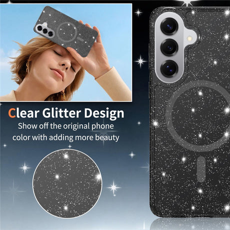 Samsung Galaxy S26+ (Plus) EIDERWOOD Magnetisk Plast Glitter Deksel m. Skjermbeskyttelsesglass – MagSafe Kompatibel – Gjennomsiktig / Svart