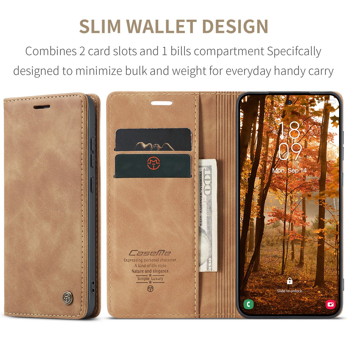 Samsung Galaxy S26 CASEME Kunstskinn Flip Deksel m. Stativfunksjon & Kortholder - Lysebrun