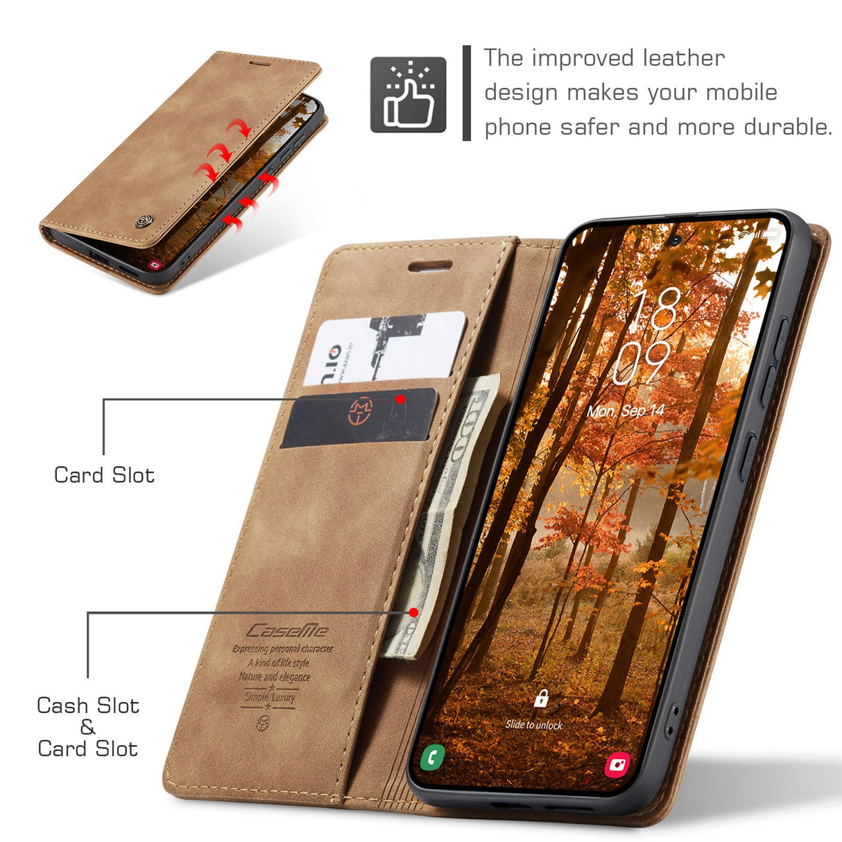 Samsung Galaxy S26 CASEME Kunstskinn Flip Deksel m. Stativfunksjon & Kortholder - Lysebrun