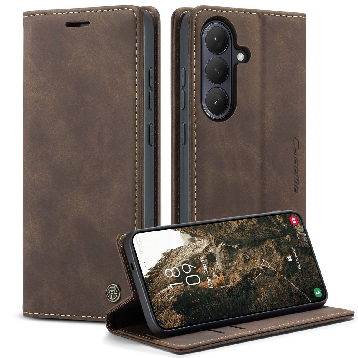 Samsung Galaxy S26 CASEME Kunstskinn Flip Deksel m. Stativfunksjon & Kortholder - Brun