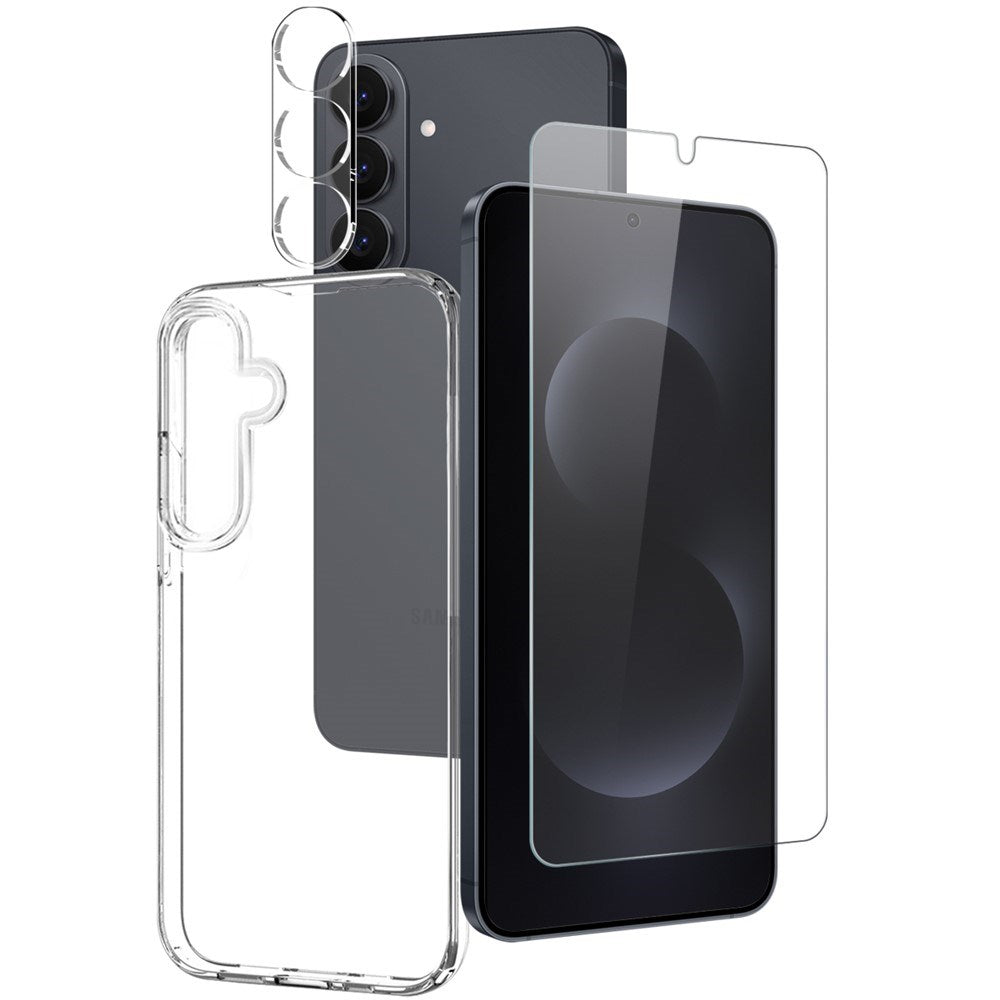 Samsung Galaxy S26+ (Plus) NORTHJO 3-i-1 Beskyttelsessett m. Fleksibelt Plast Deksel / Herdet Skjermbeskyttelsesglass / Kameralinsebeskytterglass - Gjennomsiktig