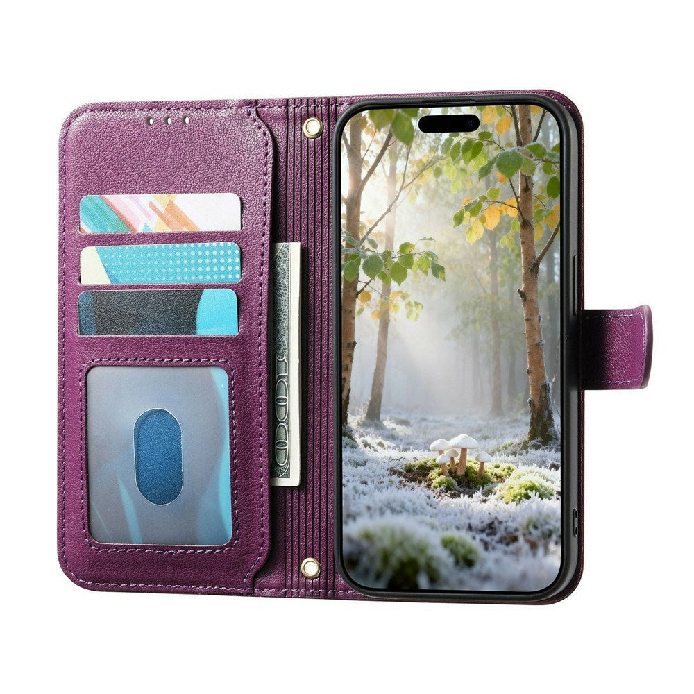 iPhone 18 Pro / 17 Pro EIDERWOOD Kunstskinn Flip Deksel m. Tekstur & Stropp - Lilla