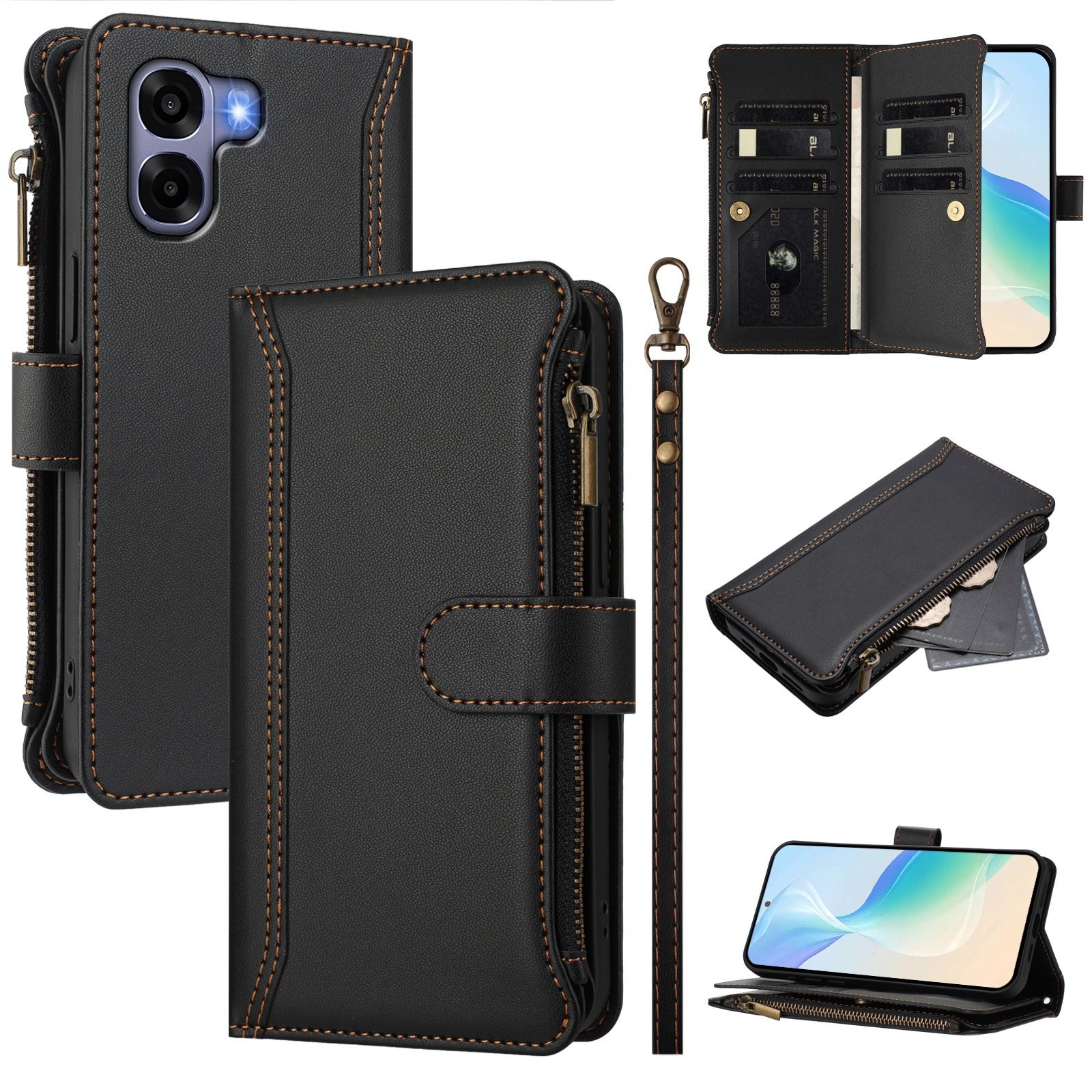OPPO A6x EIDERWOOD Kunstskinn Flip-Deksel med 9 Kortholdere & Glidelåslomme - Svart