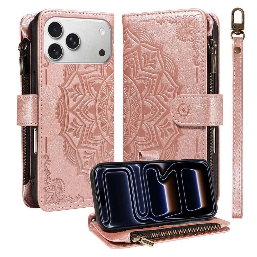 iPhone 17 Pro EIDERWOOD Flippdeksel med 9 Kortholdere - Glidelåslomme - RFDI-Blokkering - Stropp - Rose Gold