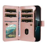 iPhone 17 Pro EIDERWOOD Flippdeksel med 9 Kortholdere - Glidelåslomme - RFDI-Blokkering - Stropp - Rose Gold