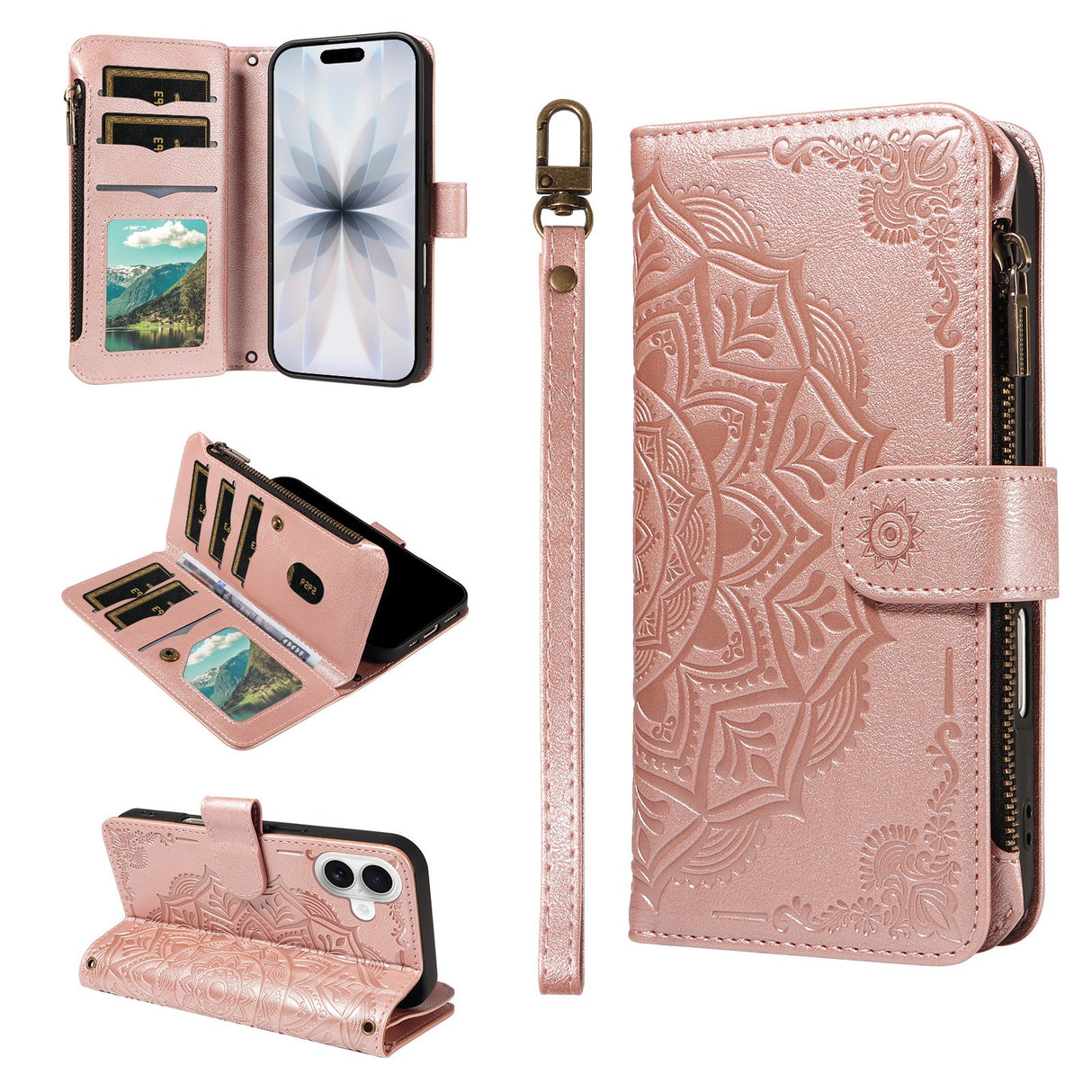 iPhone 17 EIDERWOOD Flippdeksel med 9 Kortholdere - Glidelåslomme - RFDI-Blokkering - Stropp - Rose Gold