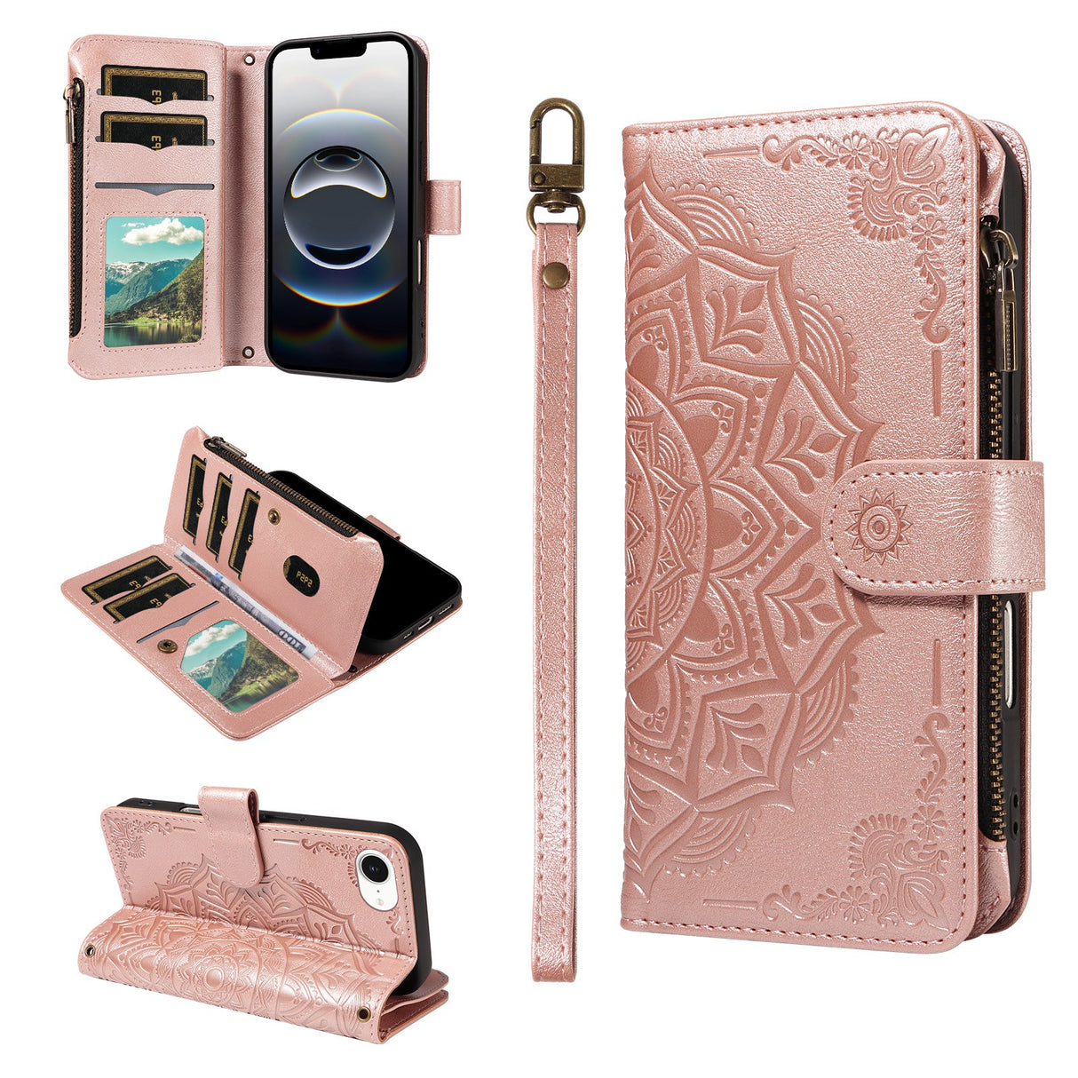 iPhone 17e / 16e EIDERWOOD Flippdeksel med 9 Kortholdere - Glidelåslomme - RFDI-Blokkering - Stropp - Rose Gold