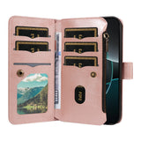 iPhone 17e / 16e EIDERWOOD Flippdeksel med 9 Kortholdere - Glidelåslomme - RFDI-Blokkering - Stropp - Rose Gold