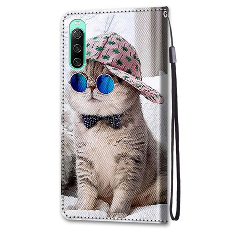 Sony Xperia 10 IV Kunstskinn Flip Deksel med Lommebok og Stropp - Katt m. Solbriller