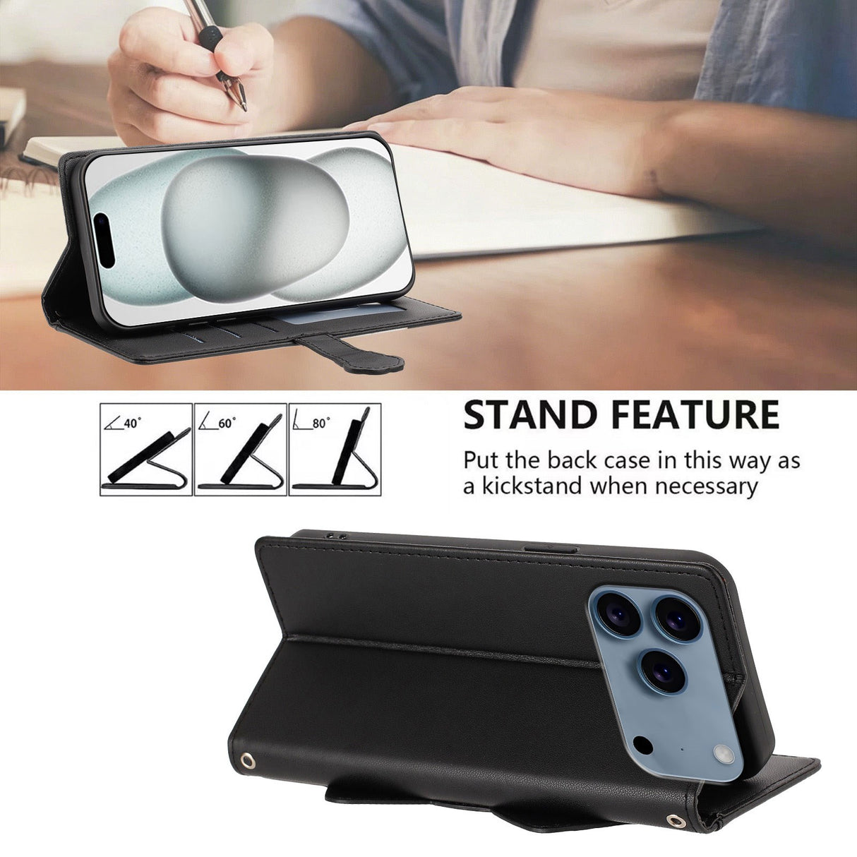 iPhone 18 Pro / 17 Pro Flippdeksel med 3D-Katteører - Kortholder & Stativfunksjon - Svart
