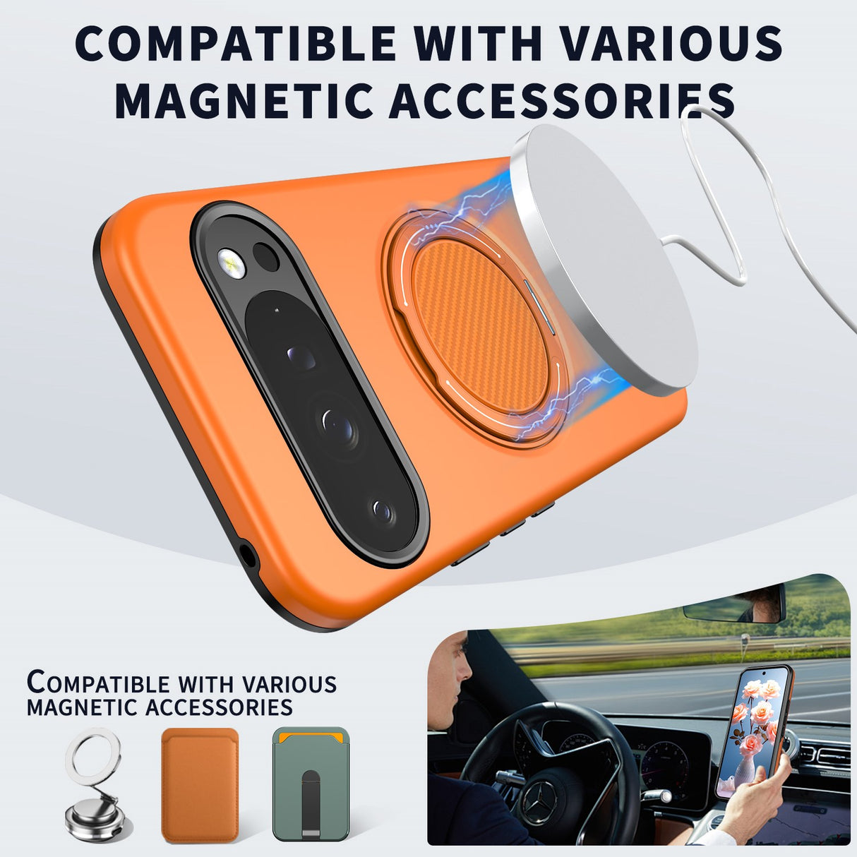 Google Pixel 11 / 11 Pro EIDERWOOD Hybrid Plast Deksel med Roterende Kickstand - MagSafe Kompatibel - Oransje