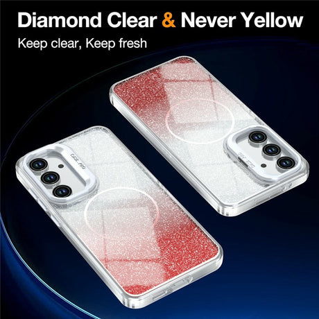 Samsung Galaxy S26 FE EIDERWOOD Hybrid Deksel med Glitter & Kamerastativ - Gjennomsiktig / Oransje
