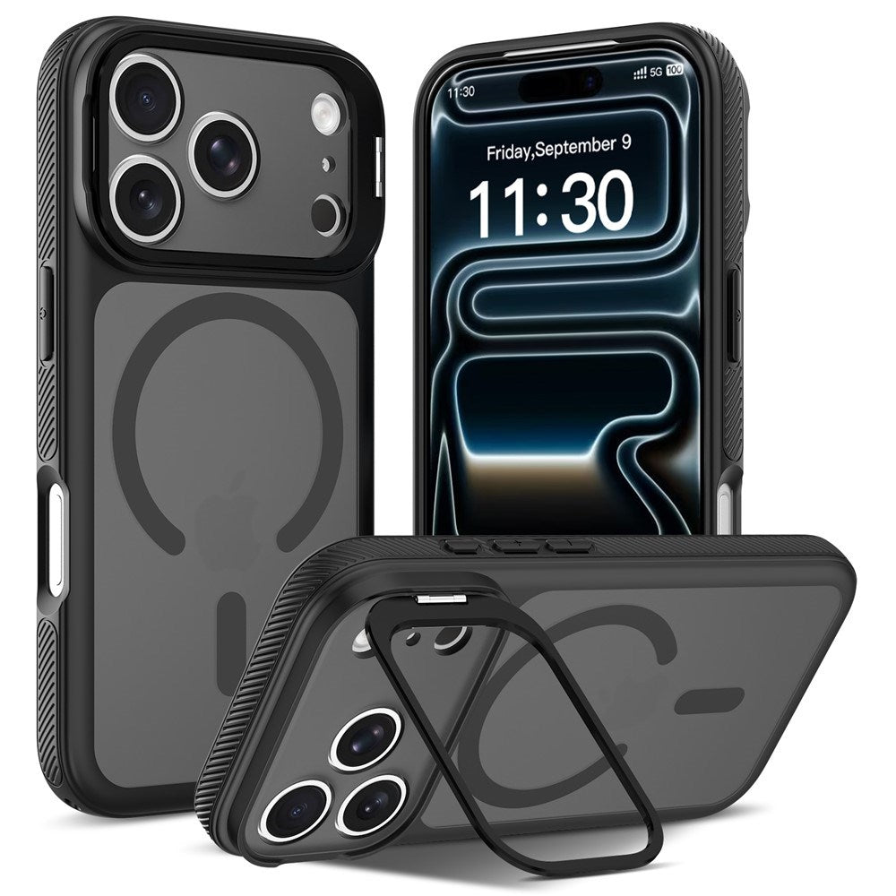 iPhone 18 Pro Max / 17 Pro Max Hybrid Plast Deksel m. Støtabsorberende Kanter & Kickstand - MagSafe Kompatibel - Svart