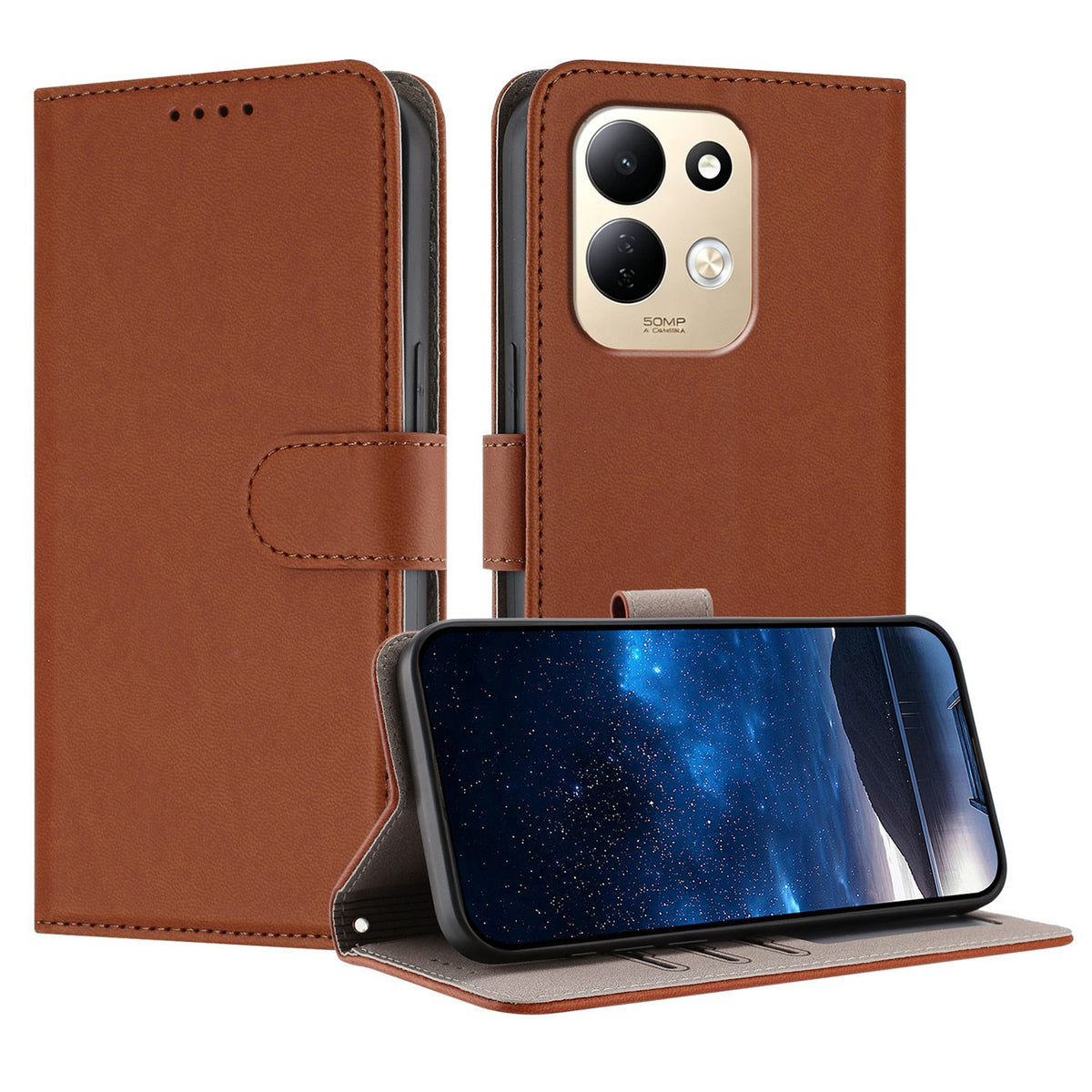 Xiaomi Redmi 17 (5G) / (4G) EIDERWOOD Flip Deksel i Kunstskinn med Stativfunksjon og Kortholder - Brun
