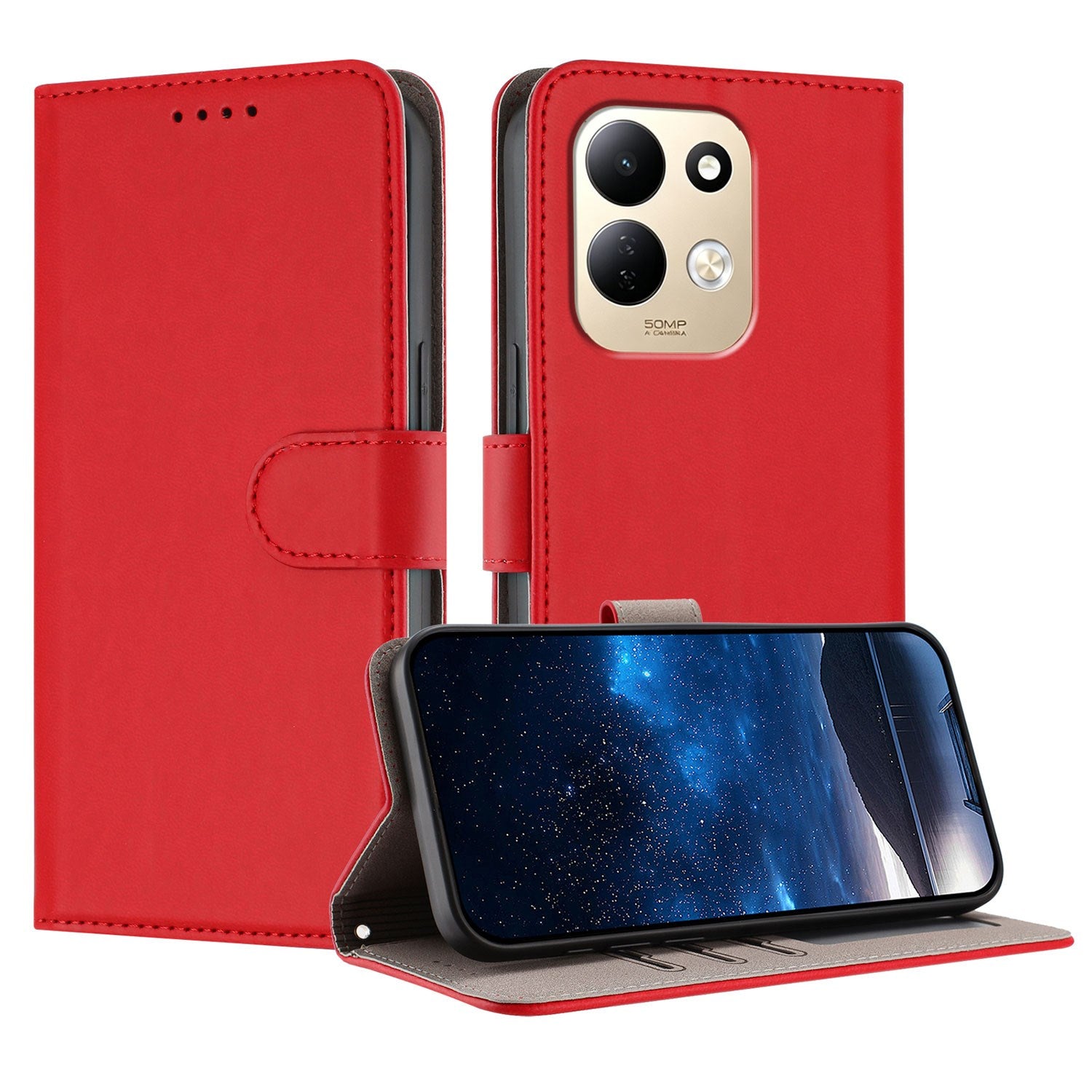 Xiaomi Redmi 17 (5G) / (4G) EIDERWOOD Flip Deksel i Kunstskinn med Stativfunksjon og Kortholder - Rød