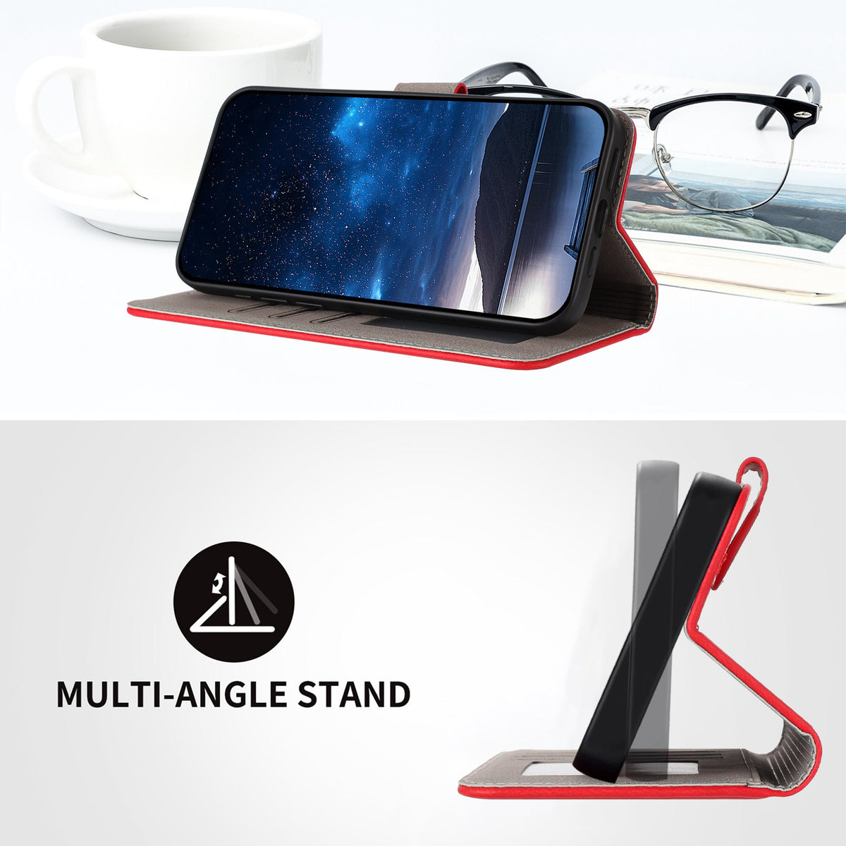 Xiaomi Redmi 17 (5G) / (4G) EIDERWOOD Flip Deksel i Kunstskinn med Stativfunksjon og Kortholder - Rød