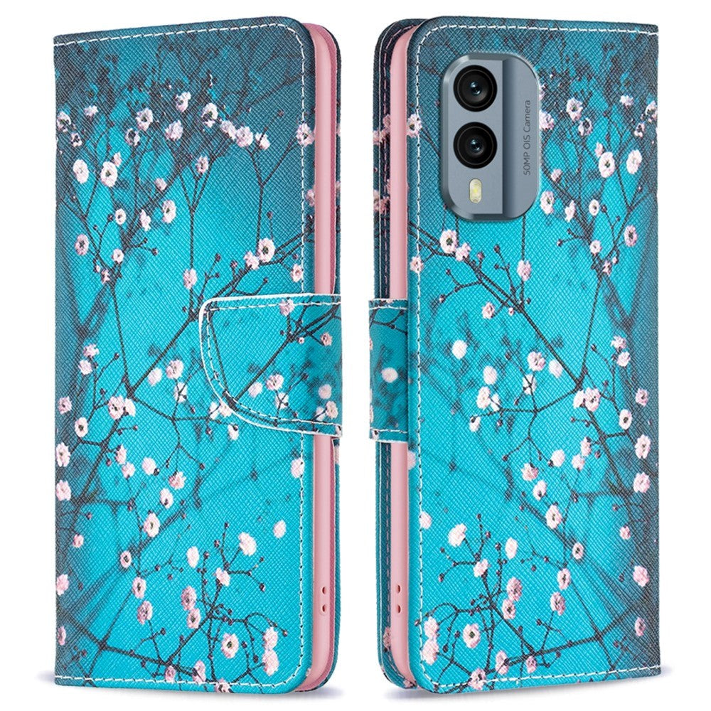 Nokia X30 Deksel i Kunstkinn med Lommebok og Trykk - Tre med Blomster