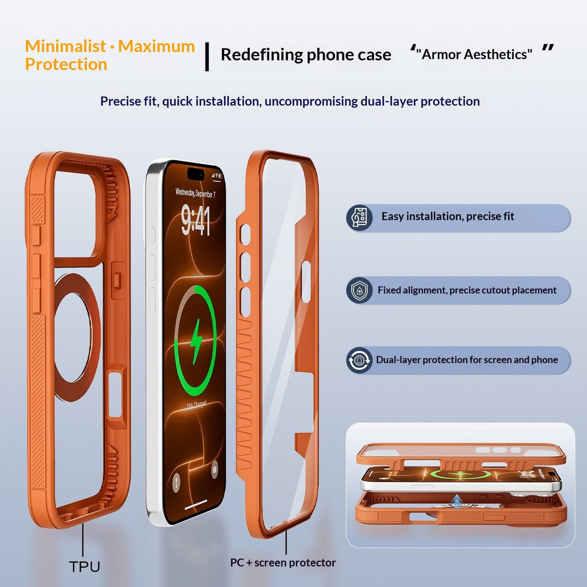 iPhone 18 Pro / 17 Pro EIDERWOOD Deksel med Skjermbeskyttelse og Stativfunksjon - MagSafe Kompatibel - Oransje / Gjennomsiktig