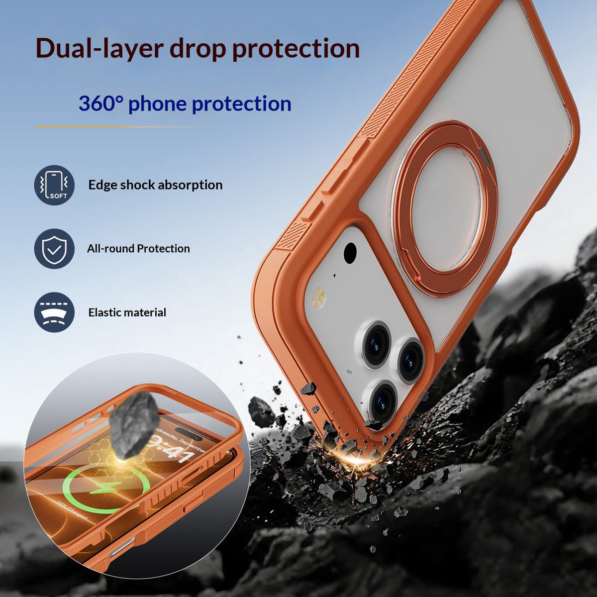 iPhone 18 Pro / 17 Pro EIDERWOOD Deksel med Skjermbeskyttelse og Stativfunksjon - MagSafe Kompatibel - Oransje / Gjennomsiktig