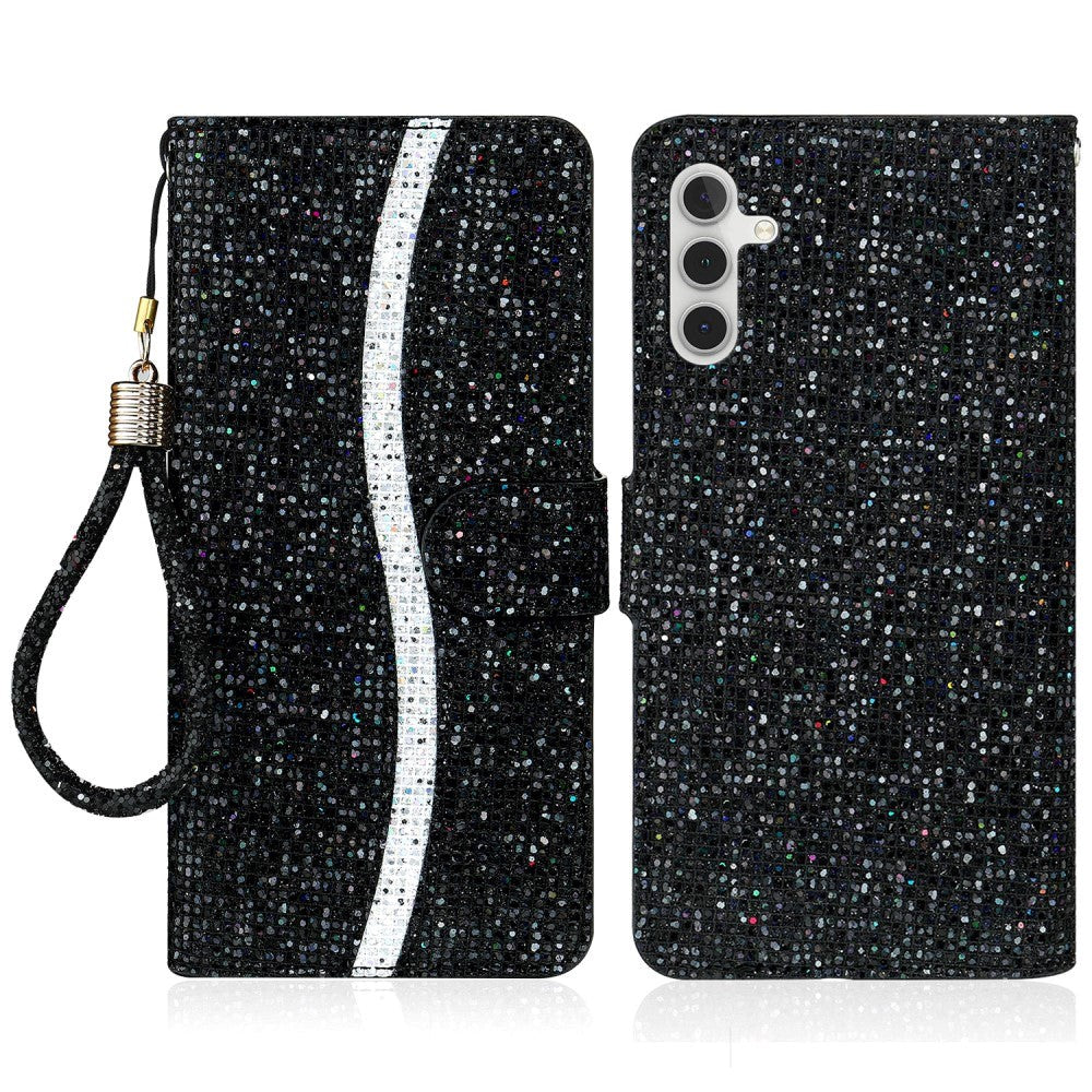 Samsung Galaxy A24 Kunstskinn Deksel med Lommebok og Stropp - Glitter Design - Svart