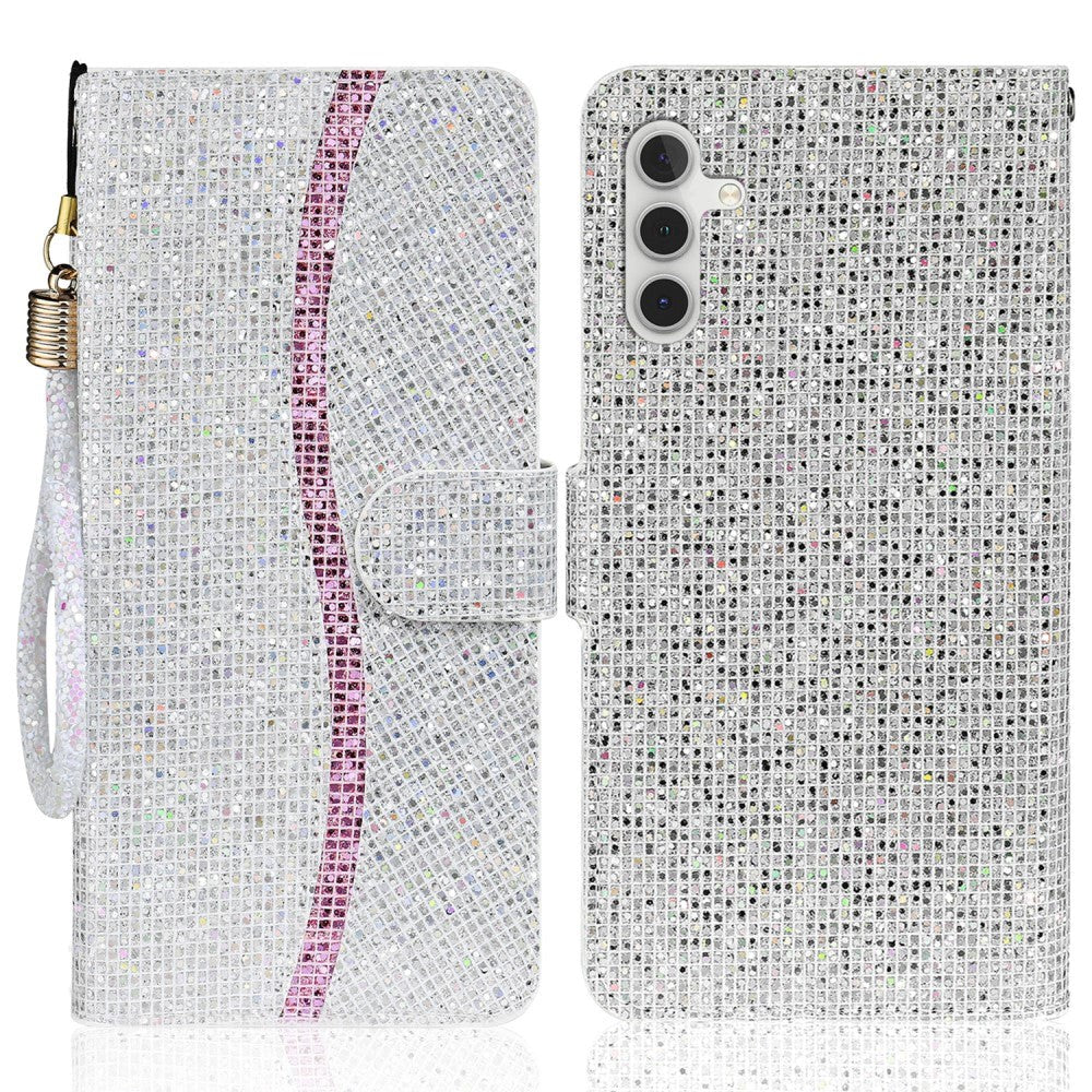 Samsung Galaxy A24 Kunstskinn Deksel med Lommebok og Stropp - Glitter Design - Sølv