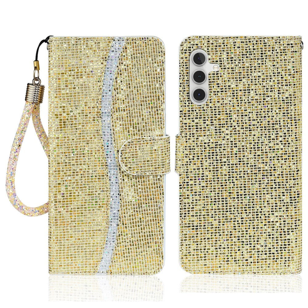 Samsung Galaxy A24 Kunstskinn Deksel med Lommebok og Stropp - Glitter Design - Gull