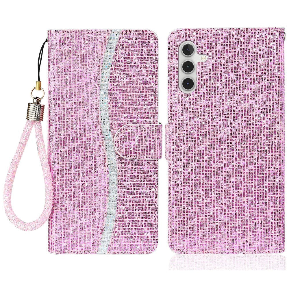 Samsung Galaxy A24 Kunstskinn Deksel med Lommebok og Stropp - Glitter Design - Rosa