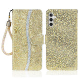 Samsung Galaxy A34 (5G) Kunstskinn Deksel med Lommebok og Stropp - Glitter Design - Gull