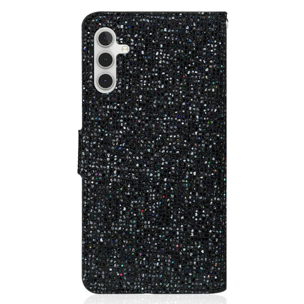 Samsung Galaxy A54 (5G) Kunstskinn Deksel med Lommebok og Stropp - Glitter Design - Svart