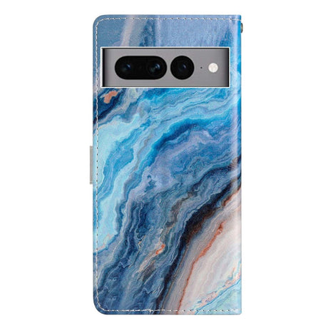 Google Pixel 7 Pro Kunstskinn Flipdeksel m. Lommebok og Stropp - Blå Marmor