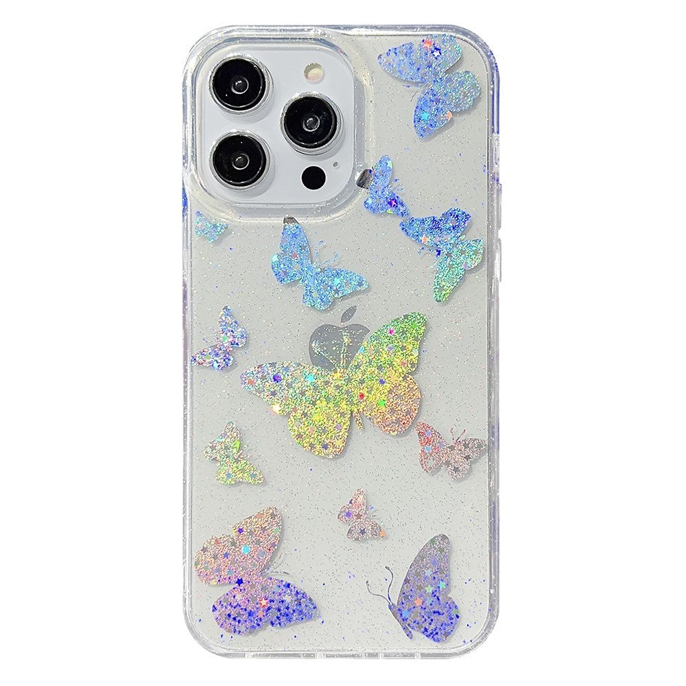 iPhone 14 Pro Hybrid Glitter Plast Deksel - Sommerfugler