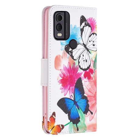 Nokia C22 Deksel i Kunstkinn med Lommebok og Trykk - Sommerfugler og Blomster