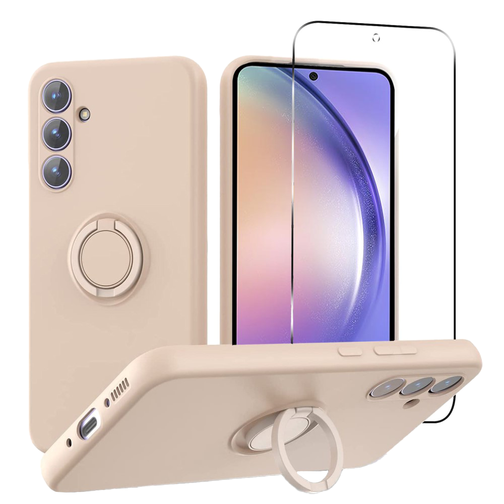 Samsung Galaxy A54 (5G) Skjermbeskytter i Herdet Glass + Silikon Deksel med Ringholder og Stropp - Rosa