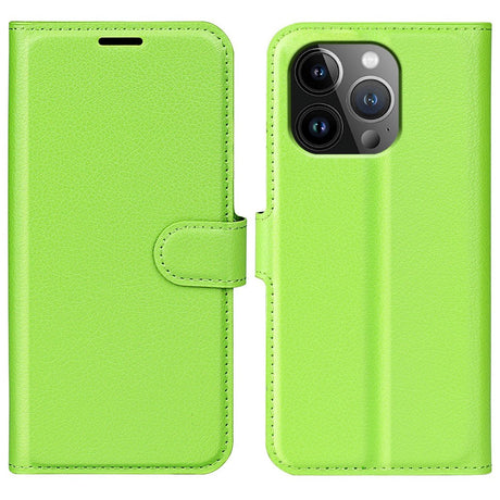 iPhone 15 Pro Max Litchi Leather Flip Cover m. Lommebok - Grønn