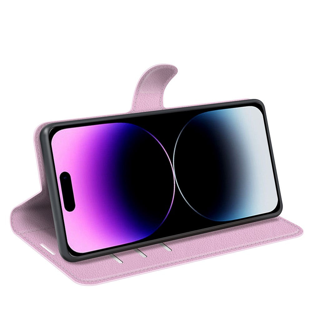 iPhone 15 Pro Litchi Skinn Deksel m. Lommebok - Pink