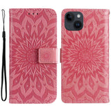 iPhone 15 Skinn Deksel med Lommebok og Stropp - Mandala Blomst - Rosa