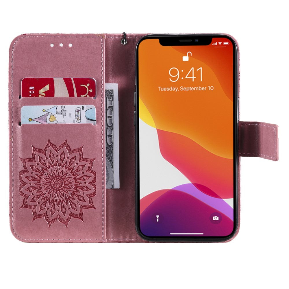 iPhone 15 Skinn Deksel med Lommebok og Stropp - Mandala Blomst - Rosa