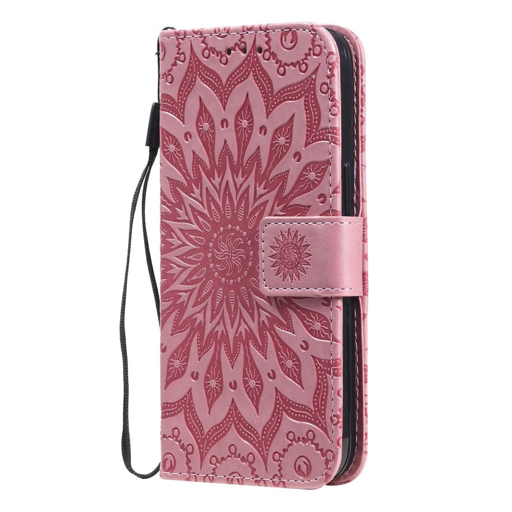 iPhone 15 Skinn Deksel med Lommebok og Stropp - Mandala Blomst - Rosa