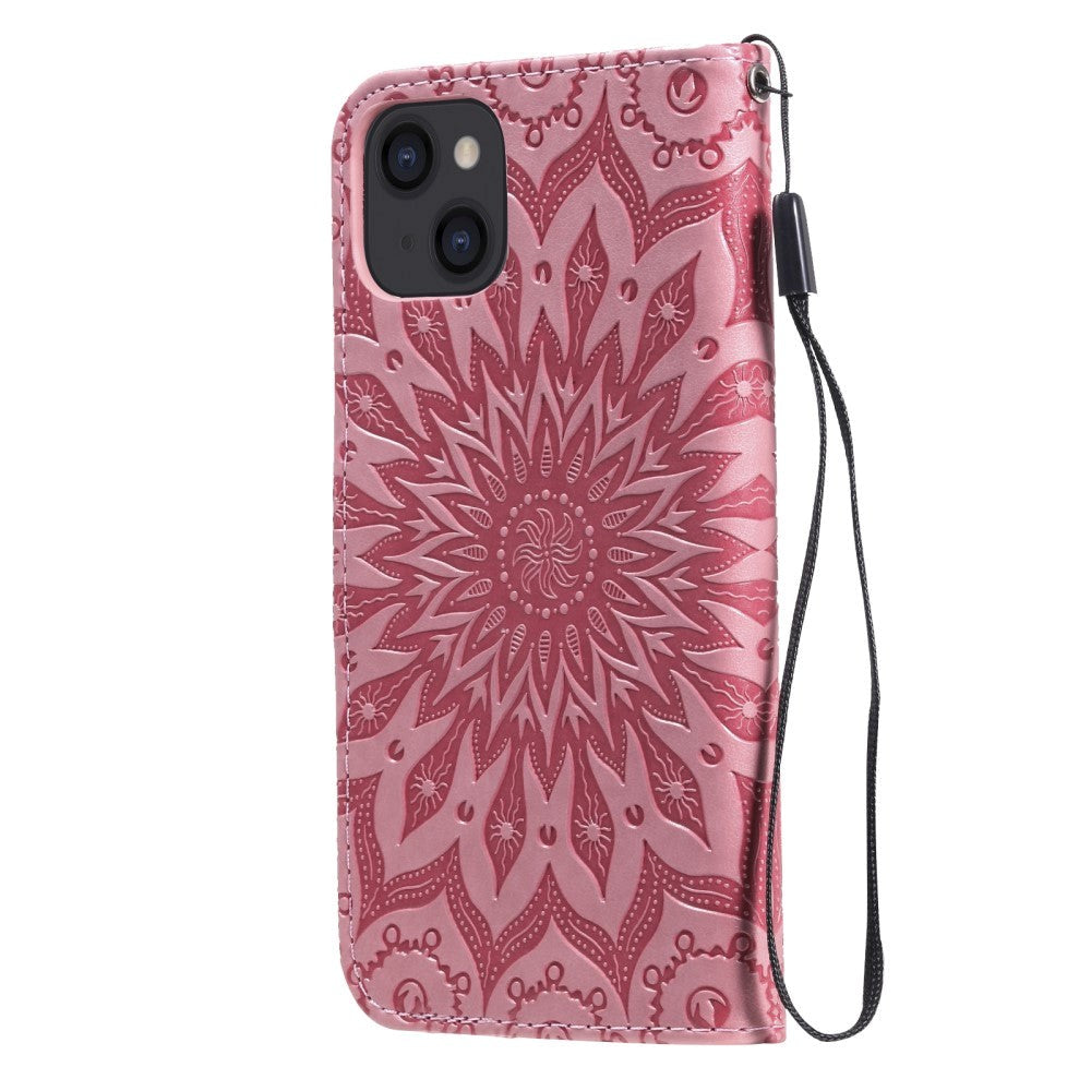 iPhone 15 Skinn Deksel med Lommebok og Stropp - Mandala Blomst - Rosa