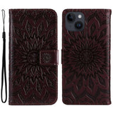 iPhone 15 Skinn Deksel med Lommebok og Stropp - Mandala Blomst - Mørkebrun