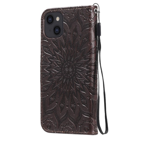 iPhone 15 Skinn Deksel med Lommebok og Stropp - Mandala Blomst - Mørkebrun