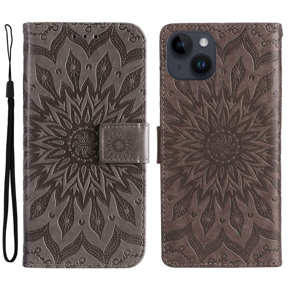 iPhone 15 Skinn Deksel med Lommebok og Stropp - Mandala Blomst - Brun