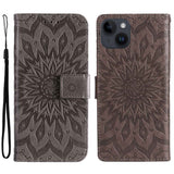 iPhone 15 Skinn Deksel med Lommebok og Stropp - Mandala Blomst - Brun