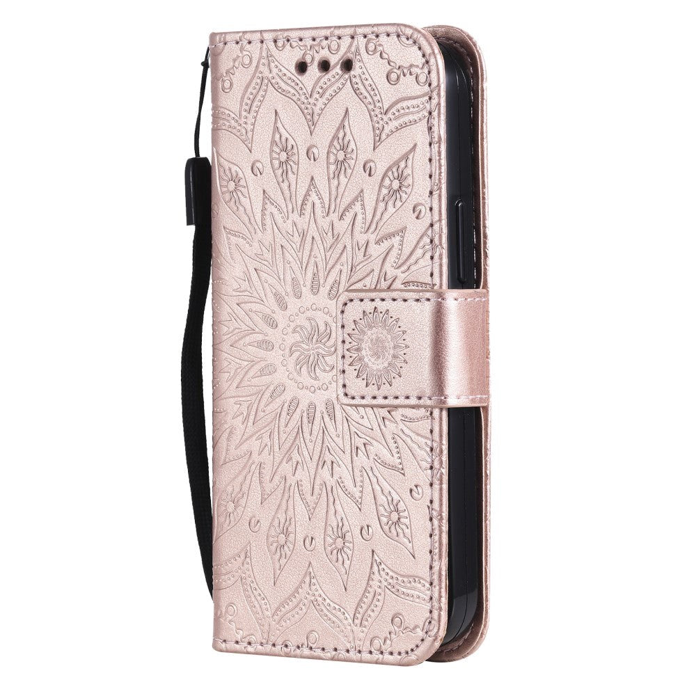 iPhone 15 Skinn Deksel med Lommebok og Stropp - Mandala Blomst - Rose Gold