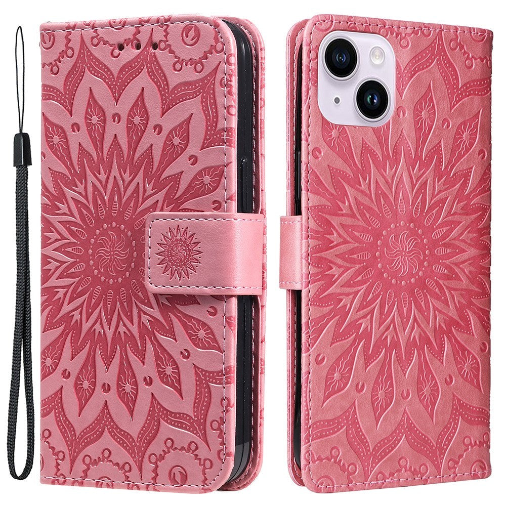 iPhone 15 Plus Skinn Deksel med Lommebok og Stropp - Mandala Blomst - Rosa