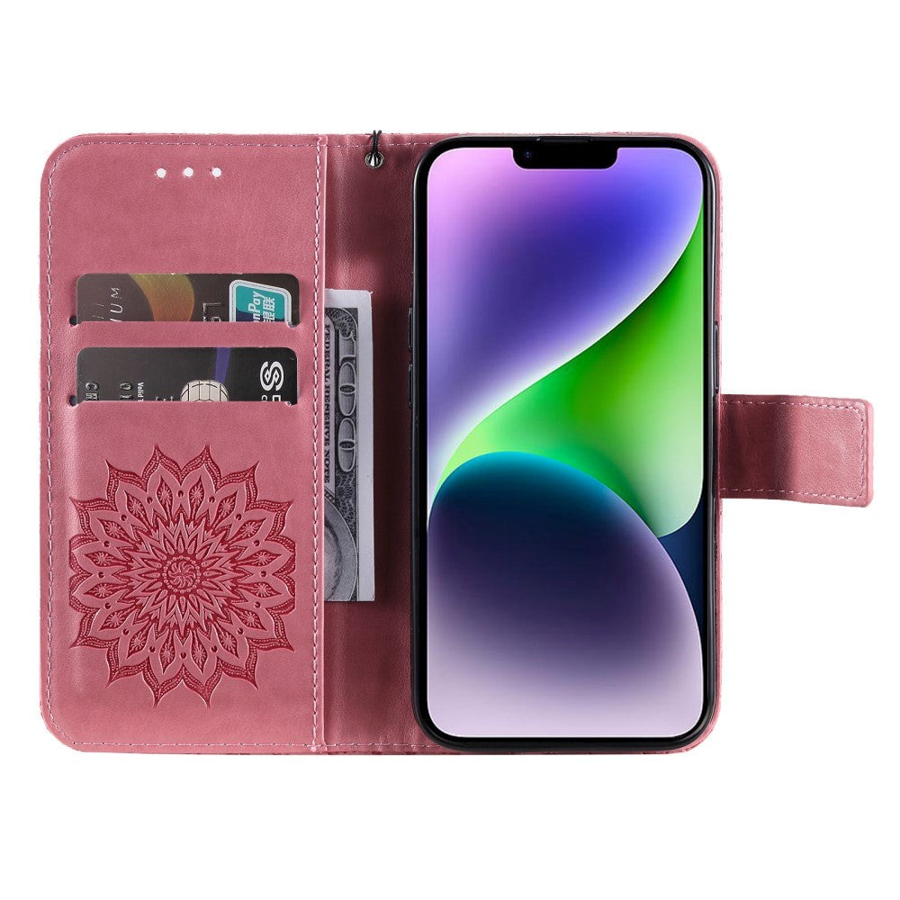 iPhone 15 Plus Skinn Deksel med Lommebok og Stropp - Mandala Blomst - Rosa